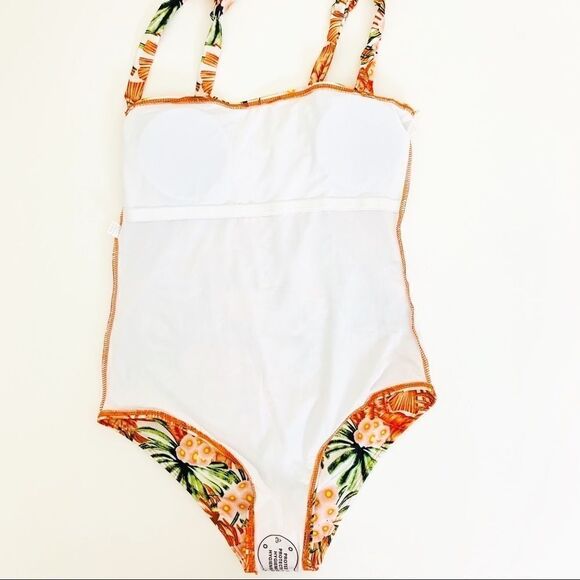 Tropical Print One-Piece Maillot Swimsuit, Orange - Picture 5 of 11